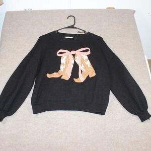 Threaded Leaf Womens XS Black Cowboy Boots Bow Graphic Knit Sweater Pullover